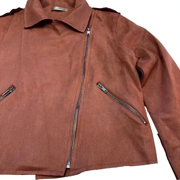 Lisa Robertson Size Small Brown Faux Suede Moto Jacket Coat Snaps Zippers NEW - Picture 7 of 15